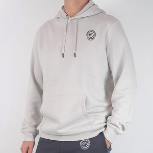 Foundation Hoodie Grey Fog front close model