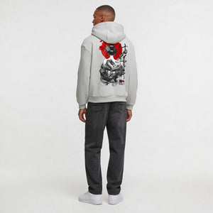 Loose Fit Hoodie Samurai Geisha model licht grijs back full person