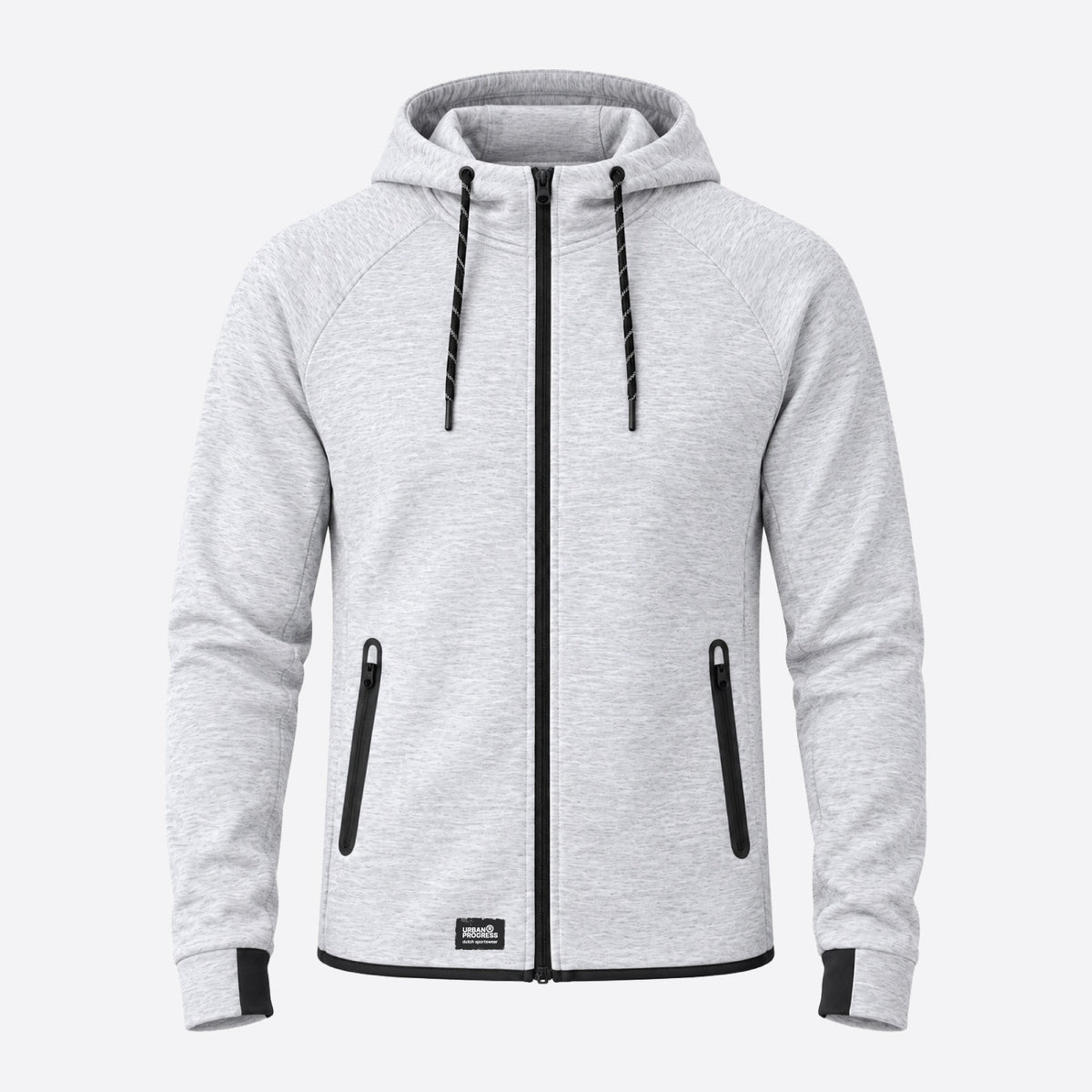 Urban Progress Court Tech Zip Hoodie Ash Heather met zwarte rits en twee afsluitbare zakken