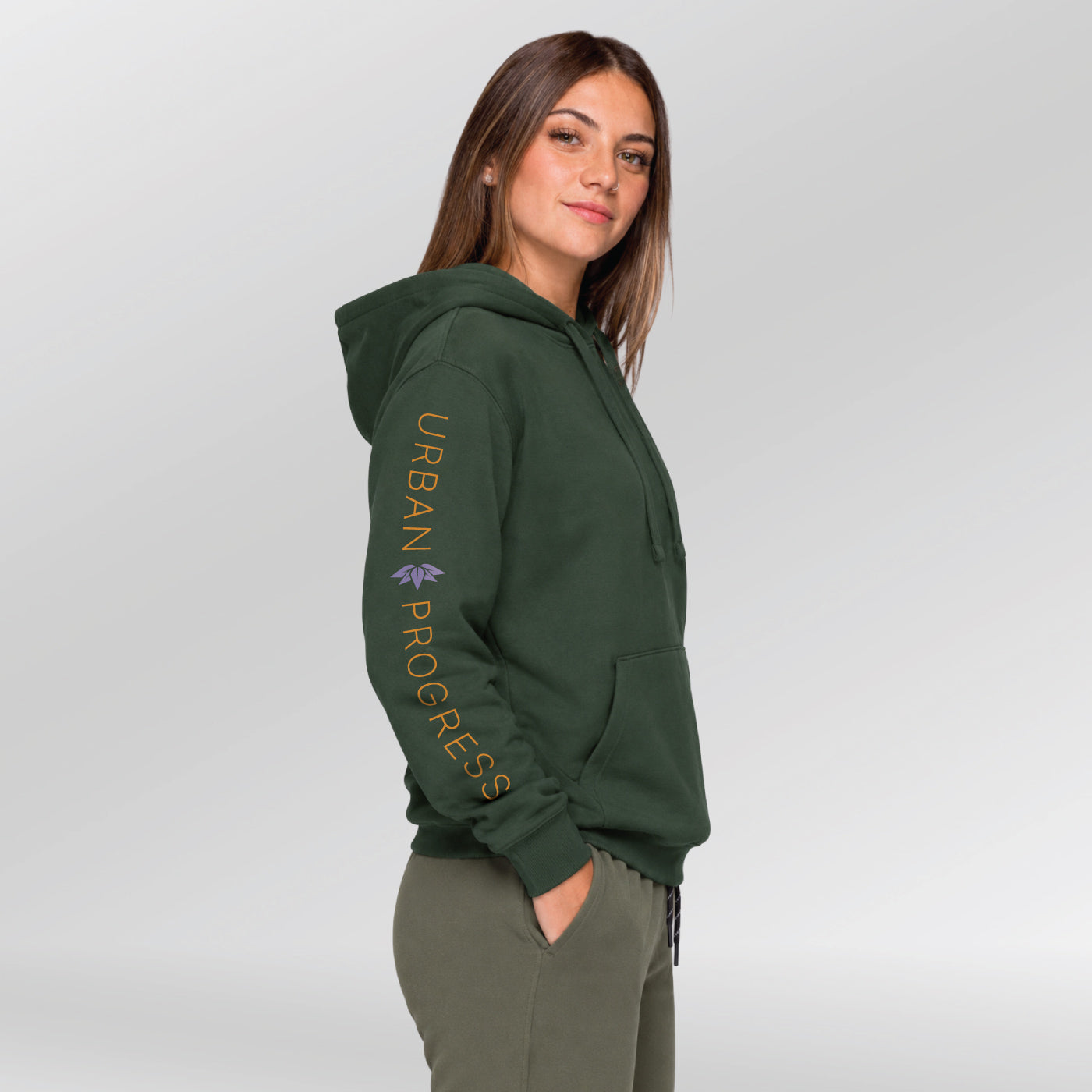 Hoodie-Victory-Vibes-Dames-model-bottle-green-side