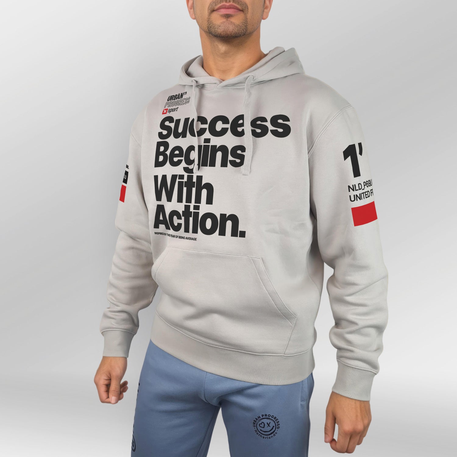 Legacy Hoodie Not Being Average model beige front close
