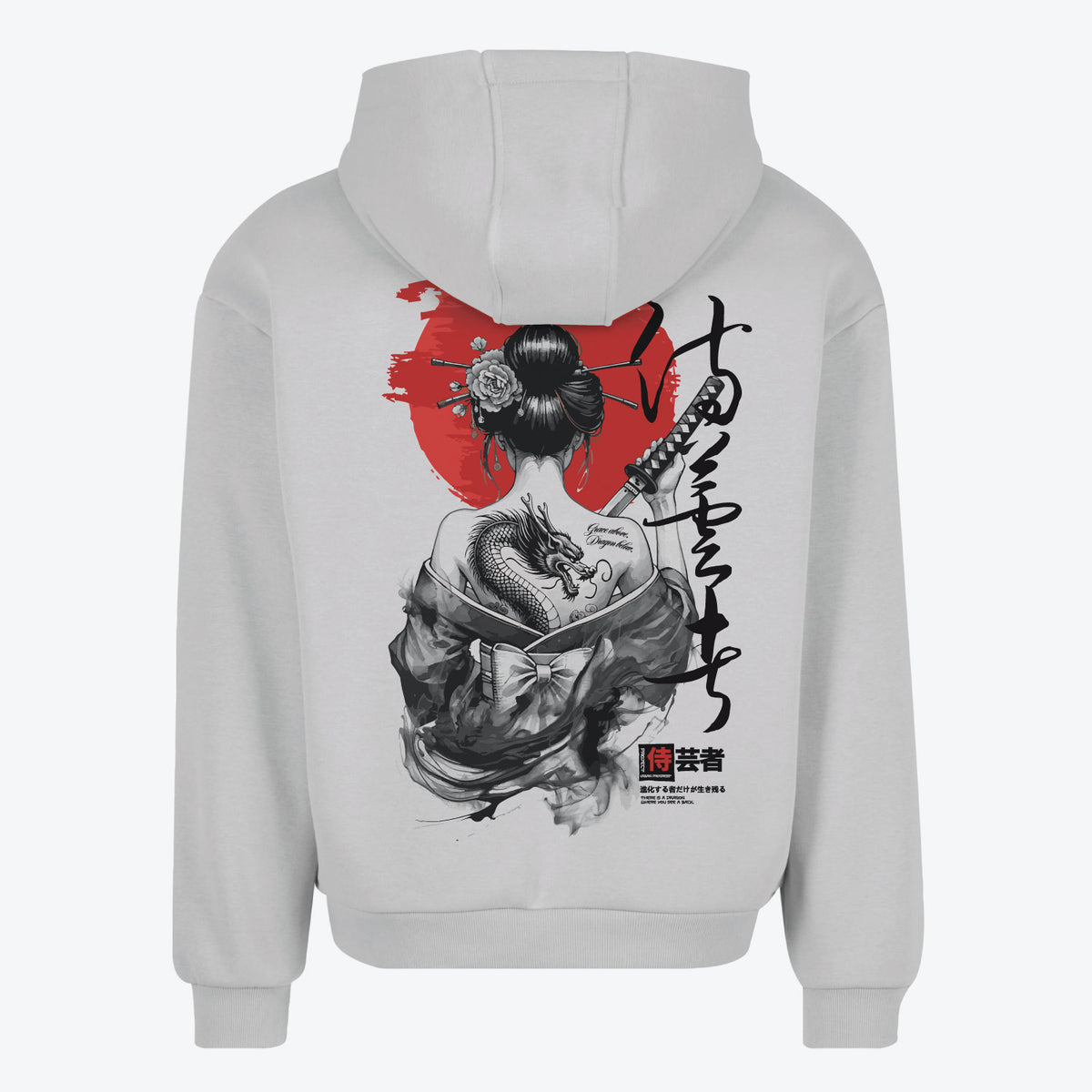 Lichtgrijze Samurai Geisha hoodie met draak en Japanse backprint – 330 g/m²