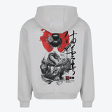 Lichtgrijze Samurai Geisha hoodie met draak en Japanse backprint – 330 g/m²