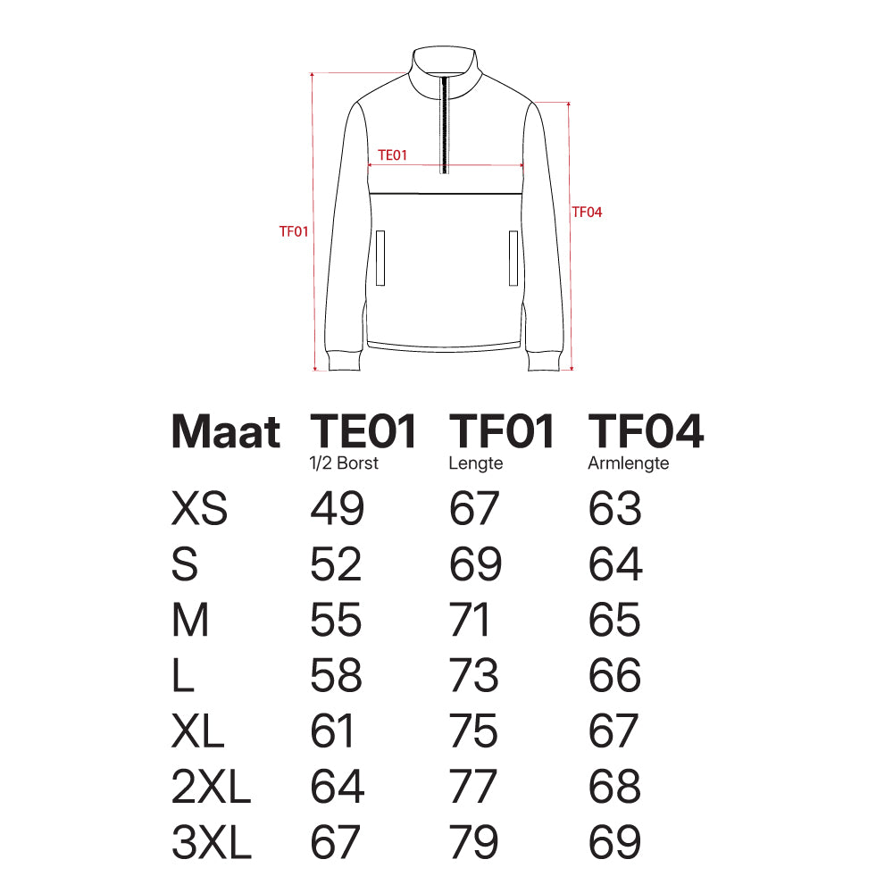 Maattabel-Univi-Kwart-rits-sweatshirt
