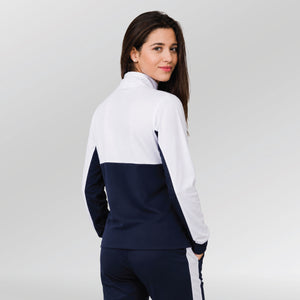Univi-Kwart-rits-sweatshirt-dames-model-blauw-wit-back