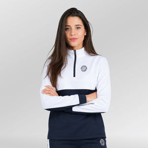 Univi-Kwart-rits-sweatshirt-dames-model-blauw-wit-front-armen-over-elkaar