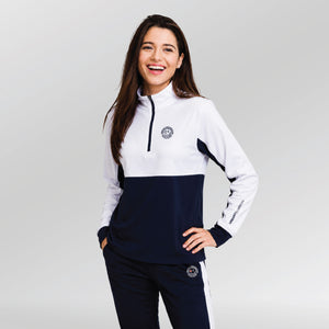Univi-Kwart-rits-sweatshirt-dames-model-blauw-wit-front-lachend