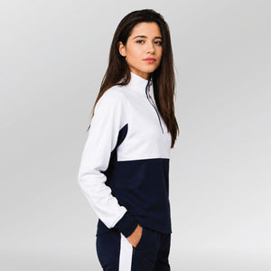 Univi-Kwart-rits-sweatshirt-dames-model-blauw-wit-side